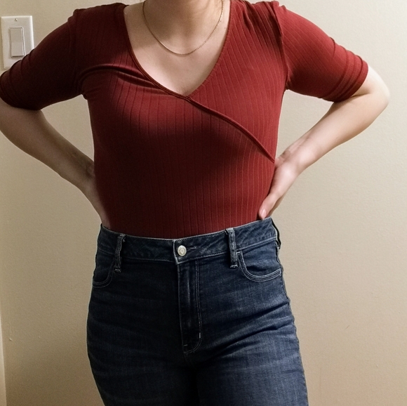 3/4 sleeve burgundy bodysuit. - Picture 3 of 4